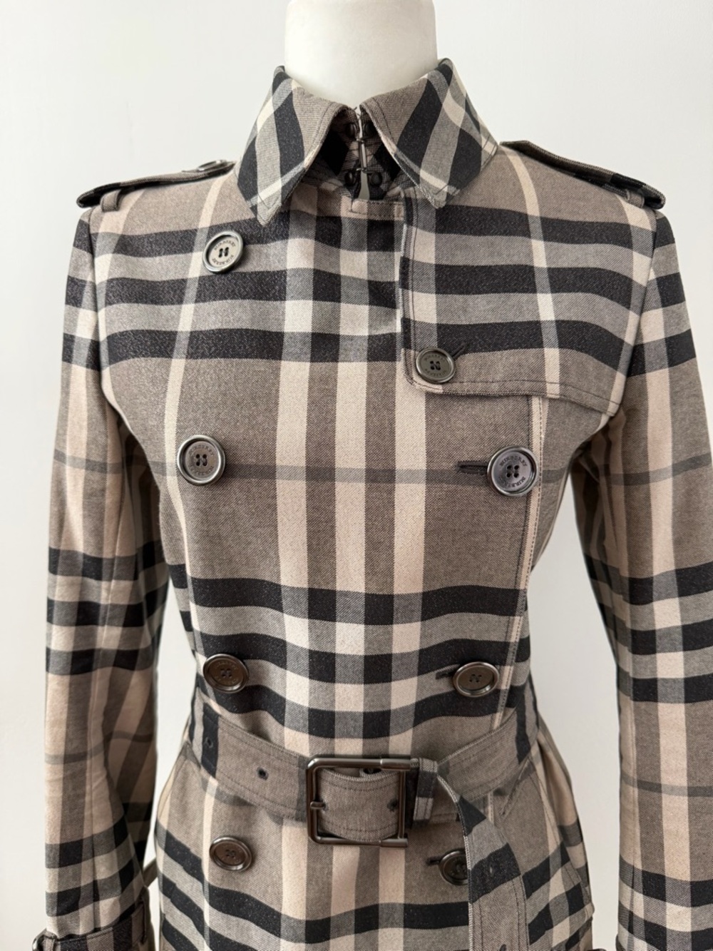 BURBERRY LONDON | Check Plaid Trench Coat Belt Double Breasted Metallic US 8 - Picture 6 of 15